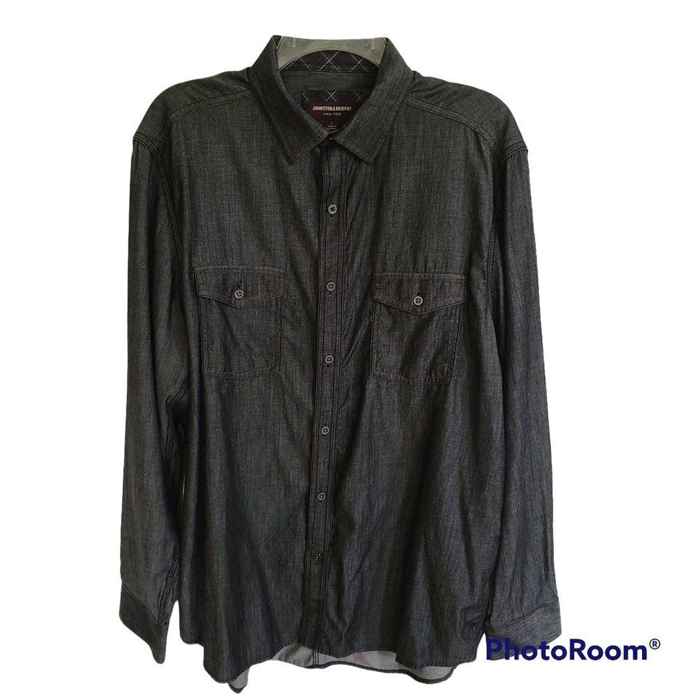Johnston & Murphy Button Down Denim Shirt Size Large Flap Pockets Lined Cuffs